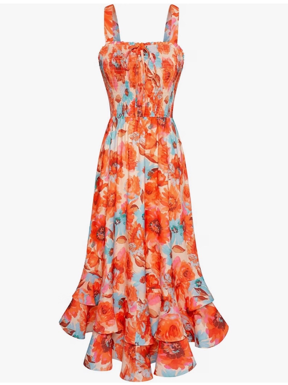 Grace Karin XL- Floral Tiered Maxi Dress in Orange and Aqua